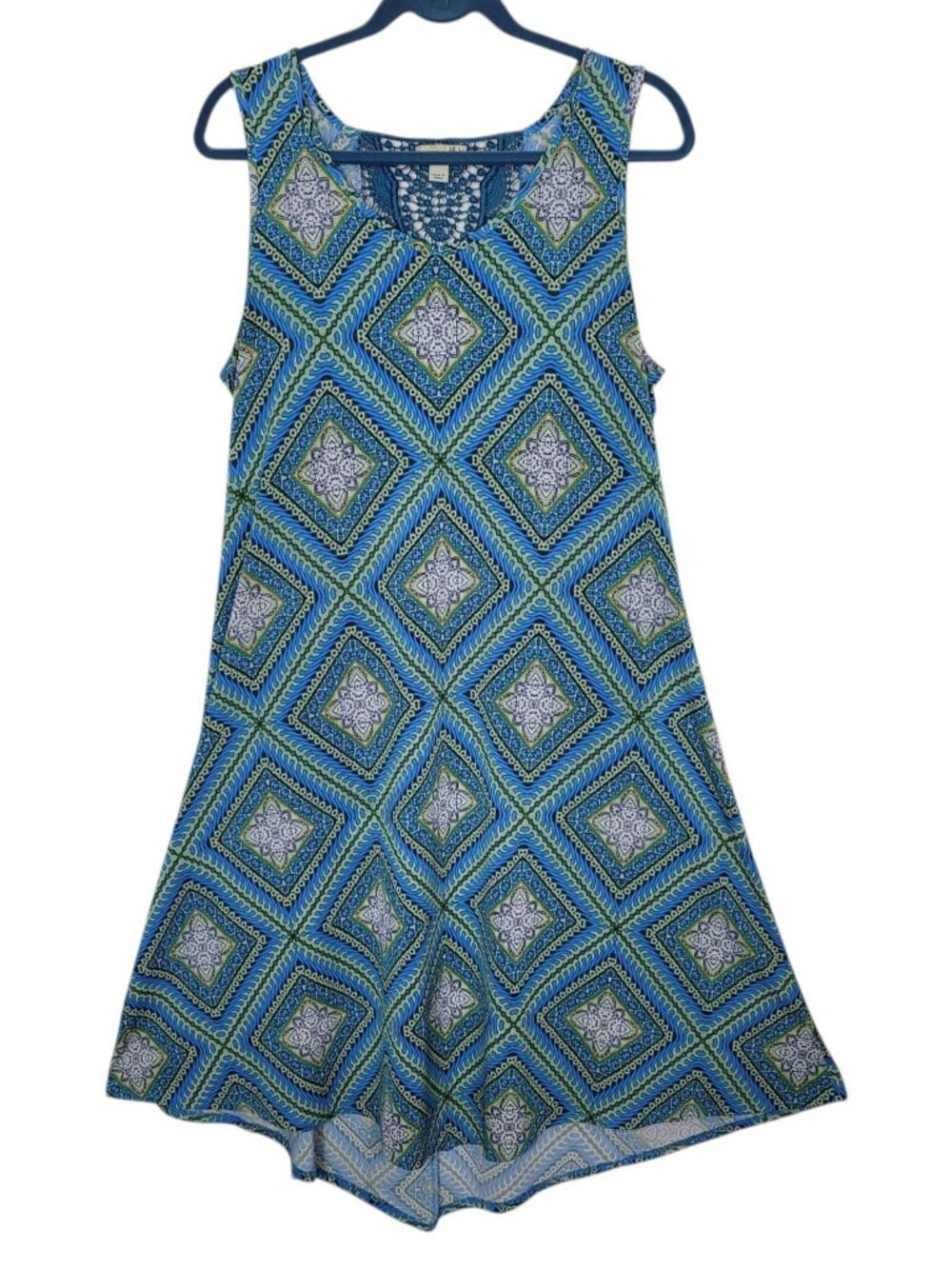 One World Sleeveless Midi Dress Geometric Mandala Print Crocheted Back Boho Sz L